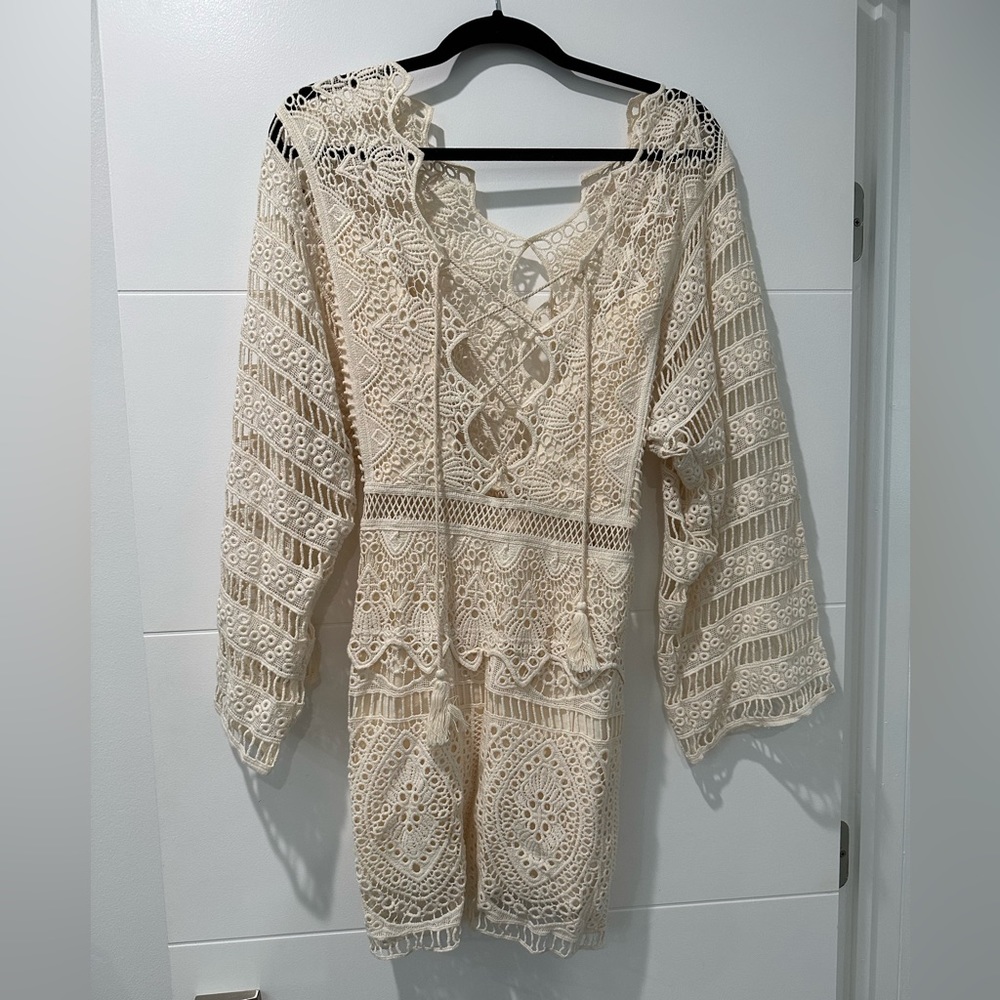 Jen’s Pirate Booty Beige Crochet Mini Dress with Long Sleeves